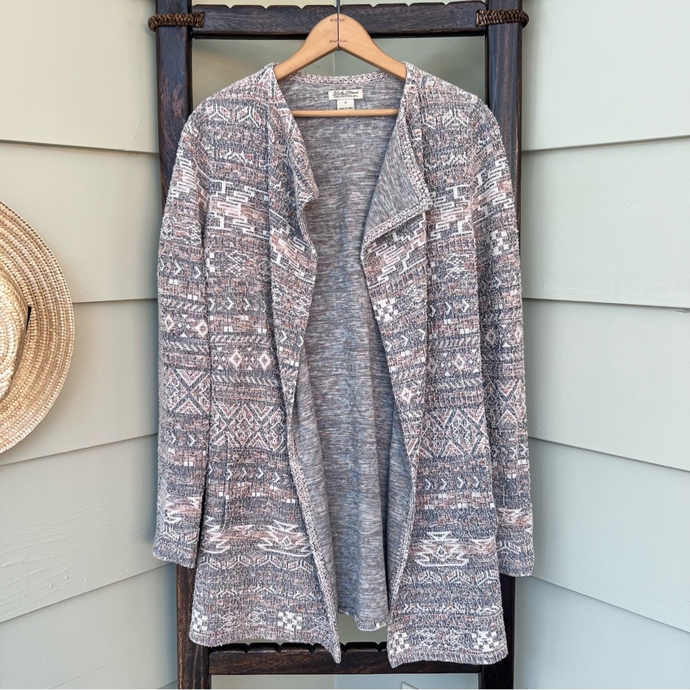 Lucky Brand Open Front Long Cardigan Rayon Linen Blend Pockets Aztec Size Small